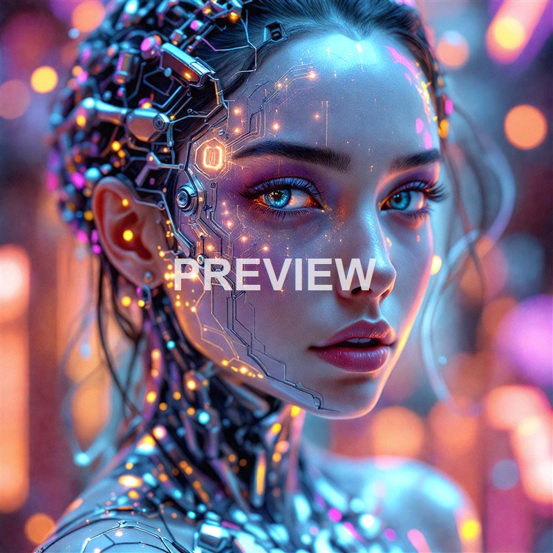 A futuristic, cybernetic woman with glowing circuits and vibrant makeup, featuring metallic and neon elements integrated into her skin and hair.